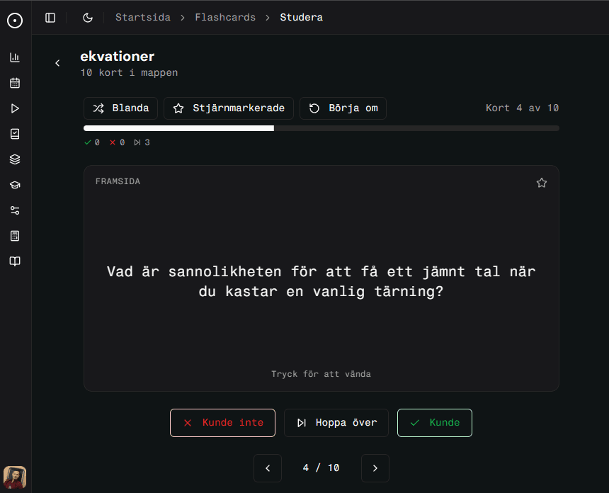Förhandsvisning av flashcards i mörkt läge